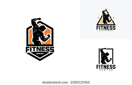 Set of Fitness logo badge with muscle man, Gymnastic logo template vector, Body Build logo badge