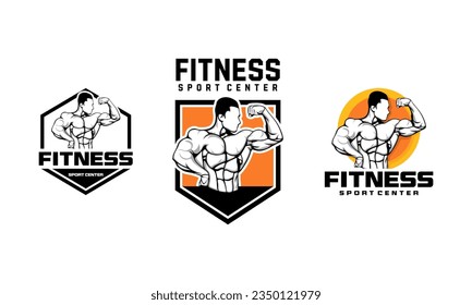 Set of Fitness logo badge with muscle man, Gymnastic logo template vector, Body Build logo badge