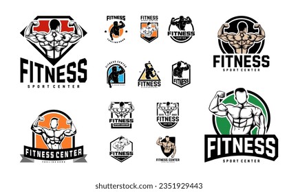 Set of Fitness logo badge with muscle man, Gymnastic logo template vector, Body Build logo badge