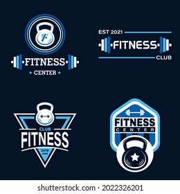 Set of Fitness Logo Badge with sports equipment. Labels in vintage style with kettlebell and barbell silhouette symbols