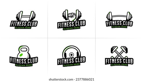 Set of fitness logo. Gym equipment symbol with barbell, kettlebell, and dumbbell. Workout vector icon