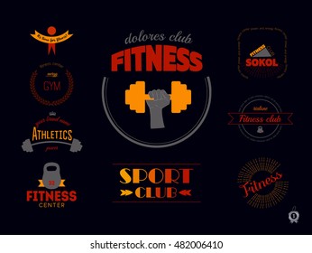 Set of fitness logos, badges or emblems. Concept logos of Workout: dumbbell in the hand, kettlebell, barbell. Vector illustration
