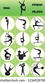 Set - fitness, pilates, yoga - twelve positions - female silhouettes - vector. The concept of a healthy lifestyle.