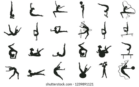 Set of fitness, pilates, yoga - twenty four stretching exercises, rings, tape, ball - detailed - vector