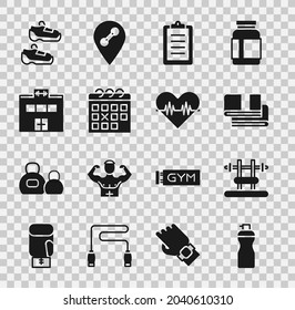 Set Fitness shaker, Bench with barbel, Towel stack, Sport training program, Calendar fitness, Gym building, sneakers and Heart rate icon. Vector