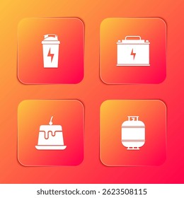 Set Fitness shaker, Car battery, Pudding custard and Propane gas tank icon. Vector