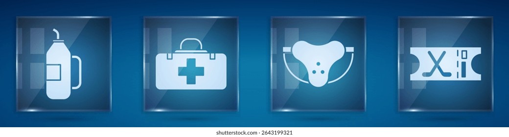 Set Fitness shaker, First aid kit, Protective sport jockstrap and Hockey sports ticket. Square glass panels. Vector