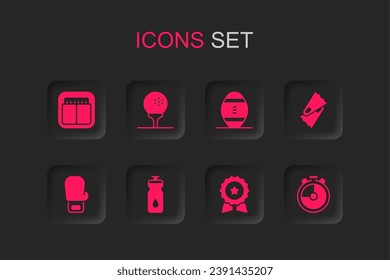 Set Fitness shaker, Golf ball on tee, Sport mechanical scoreboard, Medal with star, Flippers for swimming, Stopwatch, American Football and Boxing glove icon. Vector