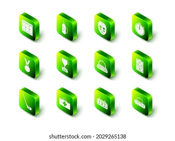 Set Fitness shaker, Hockey mask, Stopwatch, Planning strategy, Sport bag, mechanical scoreboard and First aid kit icon. Vector