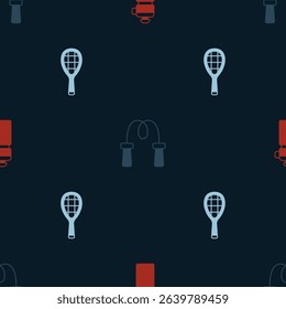 Set Fitness shaker, Jump rope and Tennis racket on seamless pattern. Vector
