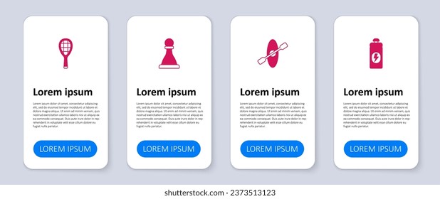 Set Fitness shaker, Kayak and paddle, Chess and Tennis racket. Business infographic template. Vector