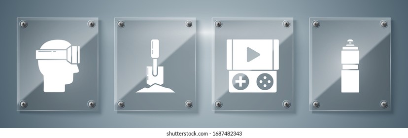 Set Fitness shaker, Portable video game console, Shovel in the ground and Virtual reality glasses. Square glass panels. Vector