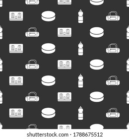 Set Fitness shaker, Sport bag, Hockey mechanical scoreboard and Hockey puck on seamless pattern. Vector