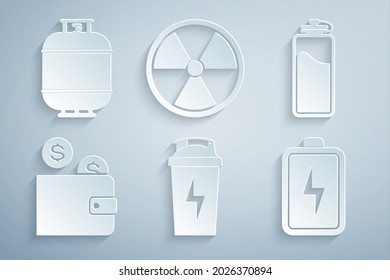 Set Fitness shaker, Sport bottle with water, Wallet coin, Battery, Radioactive and Propane gas tank icon. Vector