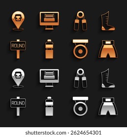 Set Fitness shaker, Sport boxing shoes, Boxing short, gong, ring board, expander, helmet and  icon. Vector