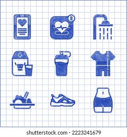Set Fitness shaker, Sport sneakers, Women waist, track suit, Healthy food, Paper package for milk, Shower head and Medical clipboard icon. Vector