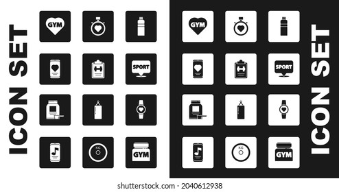Set Fitness shaker, Sport training program, Mobile with heart rate, gym, Location, Heart the center stopwatch, Smartwatch and Sports nutrition icon. Vector