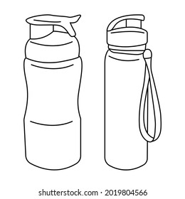 Set. Fitness shaker. Sports shaker bottle with cap for water and protein shakes. Vector outline hand drawn illustration in doodle style.