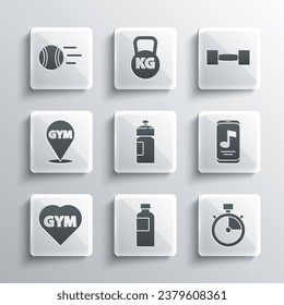 Set Fitness shaker, Stopwatch, Music player, gym heart, Location, Tennis ball and Dumbbell icon. Vector
