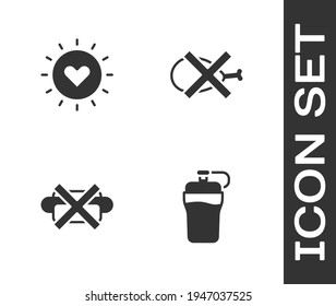 Set Fitness shaker, Sun, No junk food and meat icon. Vector
