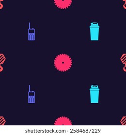 Set Fitness shaker, Walkie talkie, Circular saw blade and Industrial hook on seamless pattern. Vector