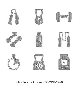 Set Fitness shaker, Weight, Sports nutrition, Jump rope, Stopwatch, Dumbbell,  and expander icon. Vector