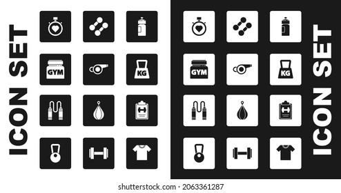 Set Fitness shaker, Whistle, Sports nutrition, Heart in the center stopwatch, Weight, Dumbbell, training program and Jump rope icon. Vector