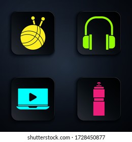 Set Fitness shaker, Yarn ball with knitting needles, Online play video and Headphones. Black square button. Vector
