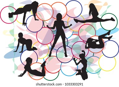 A set of fitness silhouettes. Girls are dancing, pressing up, show yoga poses, etc. Colorful background with hoola hoops.  Vector illustration.