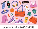 Set of fitness and sport accessories for women, gym bag, shoes, clothing, and equipment. Vector illustration in flat style, for active female lifestyle and workout themes