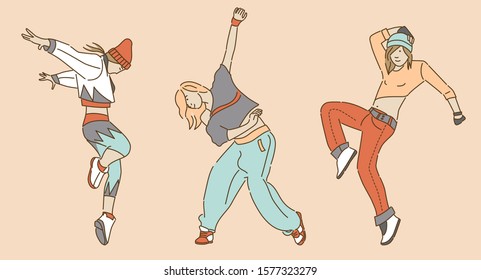 Set of fitness sport girls in fashion sportswear dancing and doing yoga hip-hop exercise isolated on color background, outdoor street sports, urban style. Vector illustration, line art style.