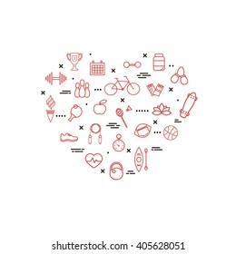 Set of Fitness Sport and Health Icons in Thin Line Style. Modern Flat Design. Tennis, Jumping, Heart Rate, Football, Diet, Dumbbell, Cycling, Kettlebell, Winner Cup, Yoga, Healthy Eating.