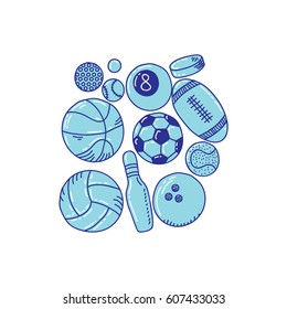 Set of fitness and sport sign and symbol doodles elements.