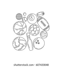 Set of fitness and sport sign and symbol doodles elements.