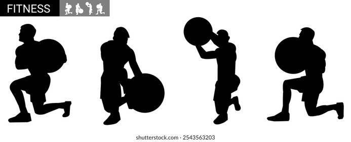 Conjunto de silhuetas de esportes de fitness, exercícios de barbell. Ilustração vetorial.