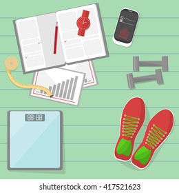 Set of fitness tools. Set of mat, sneakers, phone, diary and scale. Workout with dumbbells. Health and sport. Gym concept.