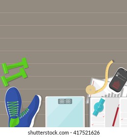 Set of fitness tools. Set of mat, sneakers, phone, diary and scale. Workout with dumbbells. Health and sport. Gym concept.