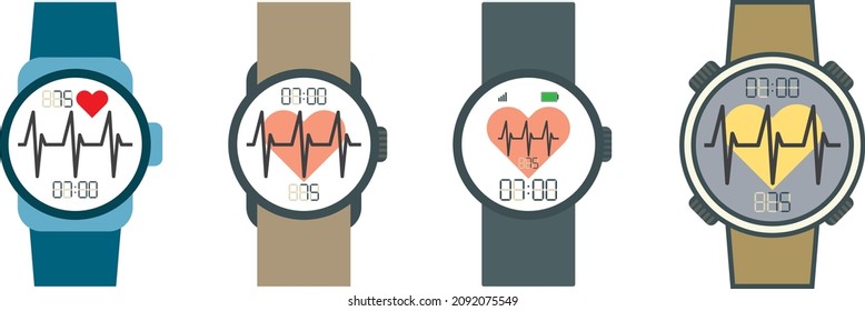 Set. Fitness tracker smart watch illustration with heart rate monitor, flat cartoon vector style design. Modern stylish wearable device.