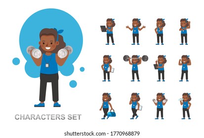 Set of Fitness trainer girl kid character vector design. Woman dressed in sports clothes. Presentation in various action with emotions, running, standing and walking. 