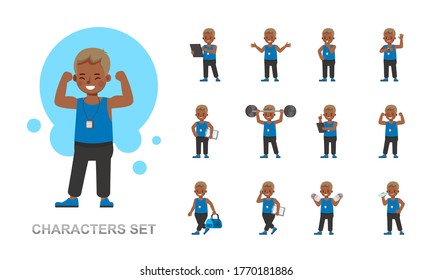 Set of Fitness trainer kid boy character vector design. Man dressed in sports clothes. Presentation in various action with emotions, running, standing and walking. 