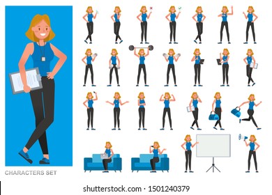 Set of Fitness trainer woman character vector design. Woman dressed in sports clothes. Presentation in various action with emotions, running, standing and walking. 