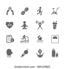Set of  Fitness Vector Icons. Includes running, yoga, dumbbell, bottle and more. 