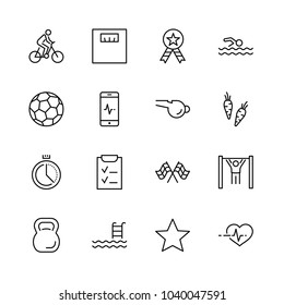 Set of Fitness Vector Line Icons. Contains such Icons as Cycling, Kettlebell Sport, Soccer Ball, Heartbeat, Workout, Stopwatch, Timer, Diet Plan, Sport Nutrition and more. Editable Stroke. 32x32 Pixel