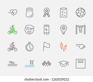 Set of Fitness Vector Line Icons. Contains such Icons as Cycling, Kettlebell Sport, Soccer Ball, Heartbeat, Workout, Stopwatch, Timer, Diet Plan, Sport Nutrition and more. Editable Stroke. 32x32 Pixel