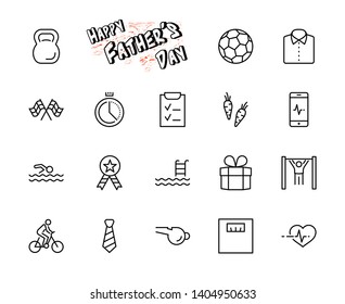 Set of Fitness Vector Line Icons. Contains such Icons as Cycling, Kettlebell Sport, Soccer Ball, Heartbeat, Workout, Stopwatch, Timer, Diet Plan, Sport Nutrition and more. Editable Stroke. 32x32 Pixel