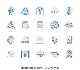 Set of Fitness Vector Line Icons. Contains such Icons as Cycling, Kettlebell Sport, Soccer Ball, Heartbeat, Workout, Stopwatch, Timer, Diet Plan, Sport Nutrition and more. Editable Stroke. 32x32 Pixel