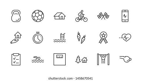 Set of Fitness Vector Line Icons. Contains such Icons as Cycling, Kettlebell Sport, Soccer Ball, Heartbeat, Workout, Stopwatch, Timer, Diet Plan, Sport Nutrition and more. Editable Stroke. 32x32 Pixel