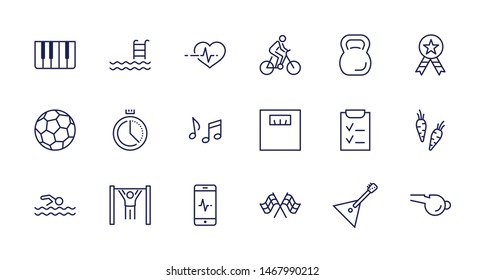 Set of Fitness Vector Line Icons. Contains such Icons as Cycling, Kettlebell Sport, Soccer Ball, Heartbeat, Workout, Stopwatch, Timer, Diet Plan, Sport Nutrition and more. Editable Stroke. 32x32 Pixel
