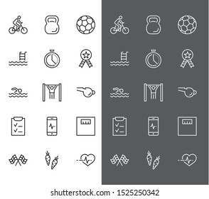 Set of Fitness Vector Line Icons. Contains such Icons as Cycling, Kettlebell Sport, Soccer Ball, Heartbeat, Workout, Stopwatch, Timer, Diet Plan, Sport Nutrition and more. Editable Stroke. 32x32 Pixel