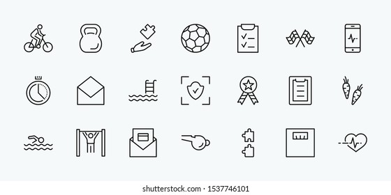 Set of Fitness Vector Line Icons. Contains such Icons as Cycling, Kettlebell Sport, Soccer Ball, Heartbeat, Workout, Stopwatch, Timer, Diet Plan, Sport Nutrition and more. Editable Stroke. 32x32 Pixel